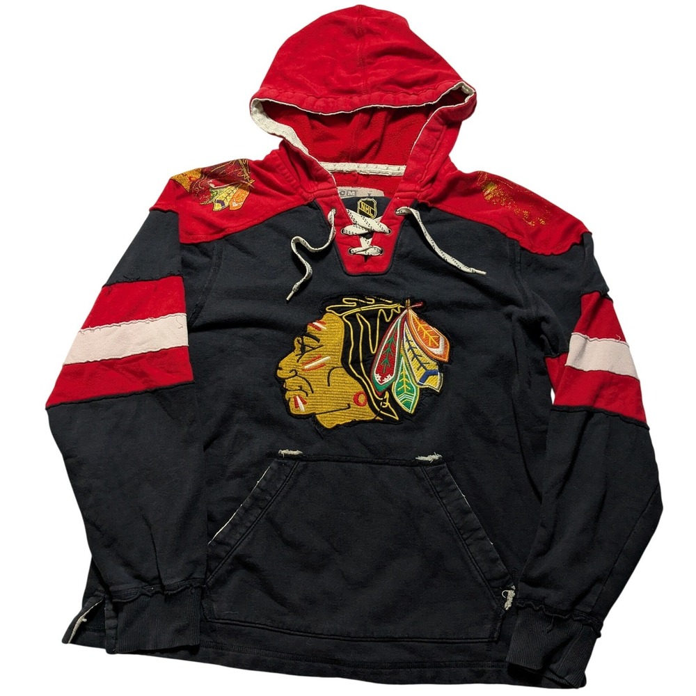 CCM Pro OK'd Chicago Blackhawks Retro Golden Era Distressed Lace Up Hoodie Large